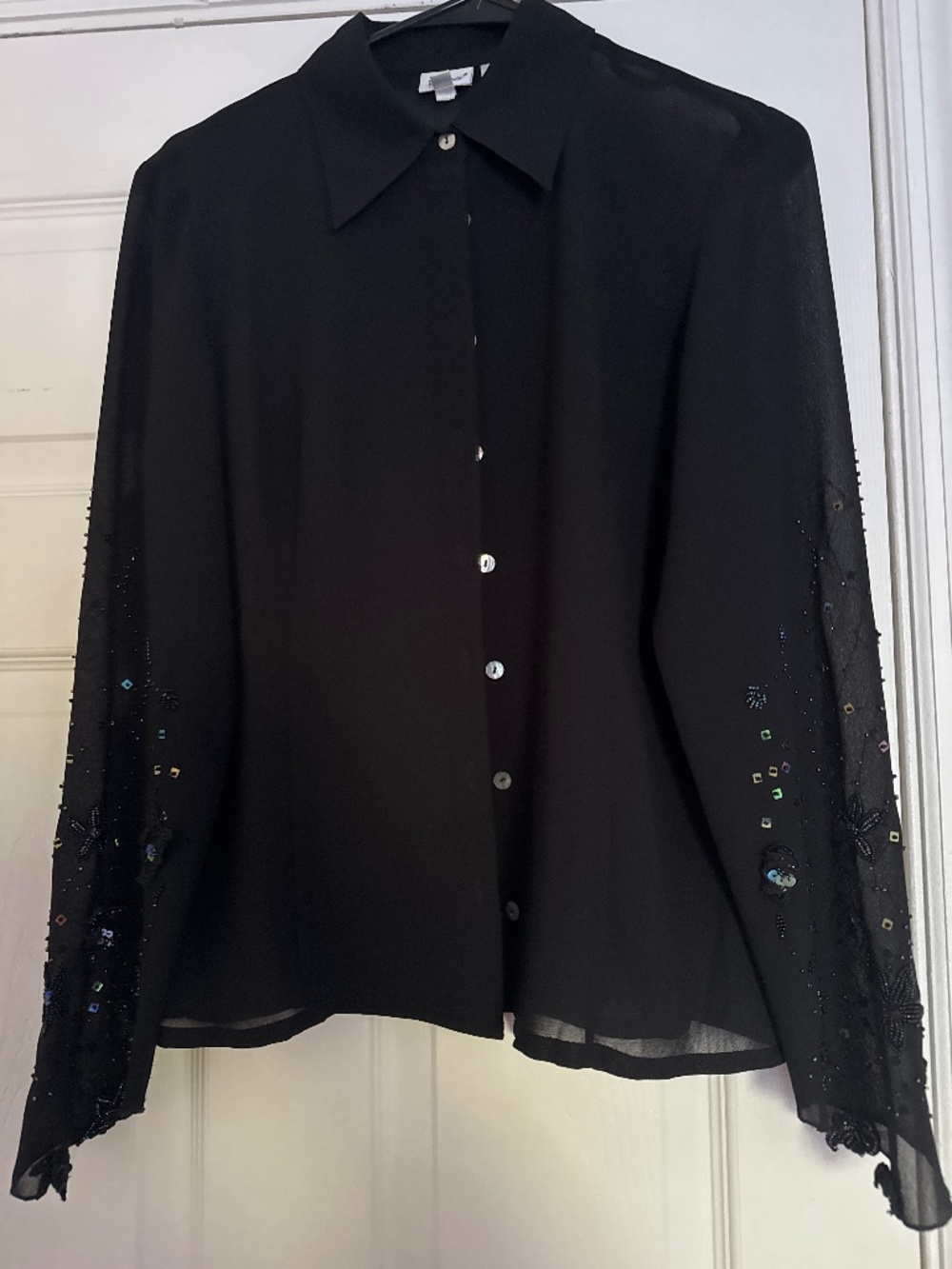 Together Black Beaded Sequin Sheer Sleeve Blouse Size Medium